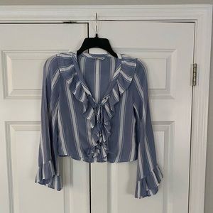 AEO Blue & white ruffle lace up crop top